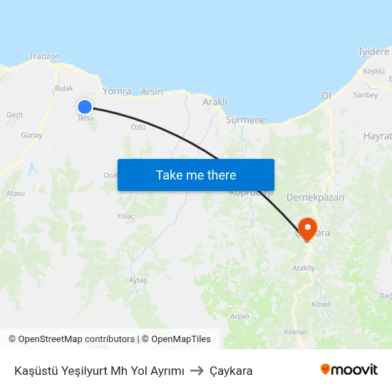 Kaşüstü Yeşilyurt Mh Yol Ayrımı to Çaykara map