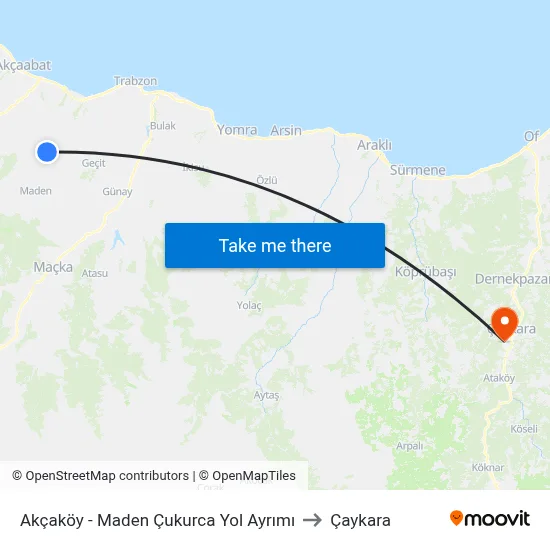Akçaköy - Maden Çukurca Yol Ayrımı to Çaykara map