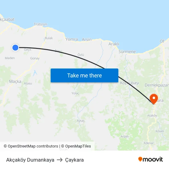 Akçaköy Dumankaya to Çaykara map