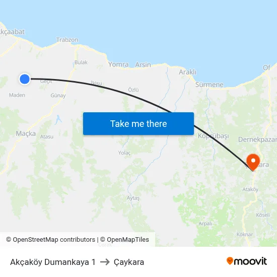 Akçaköy Dumankaya 1 to Çaykara map