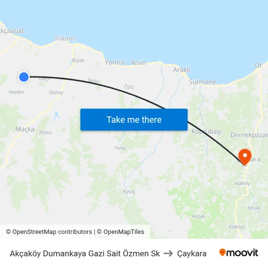 Akçaköy Dumankaya Gazi Sait Özmen Sk to Çaykara map