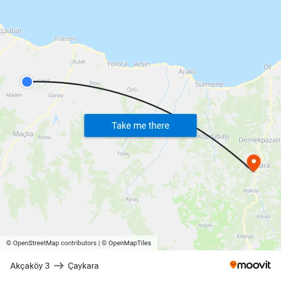 Akçaköy 3 to Çaykara map
