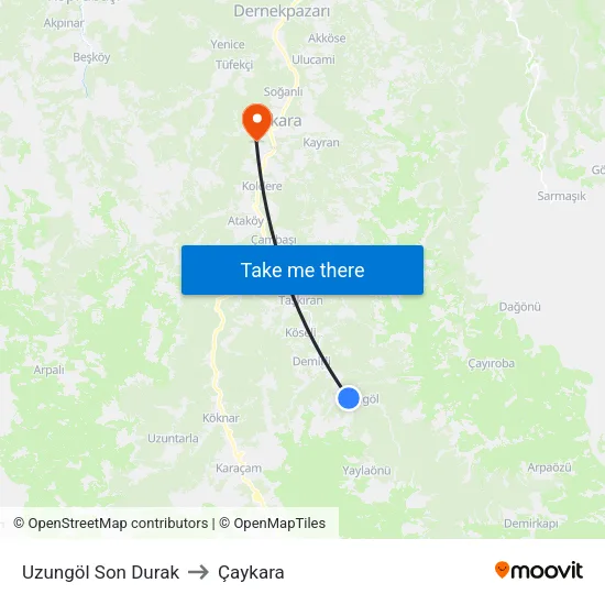 Uzungöl Son Durak to Çaykara map