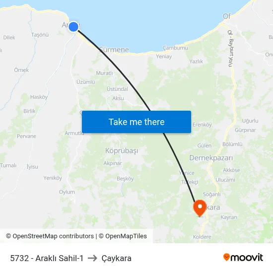 5732 - Araklı Sahil-1 to Çaykara map