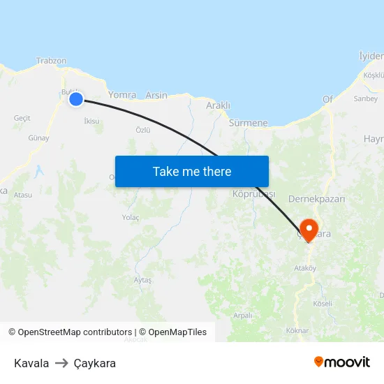 Kavala to Çaykara map
