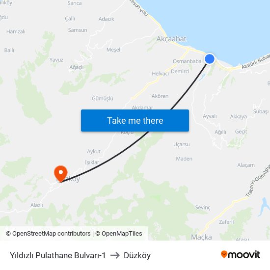 Yıldızlı Pulathane Bulvarı-1 to Düzköy map