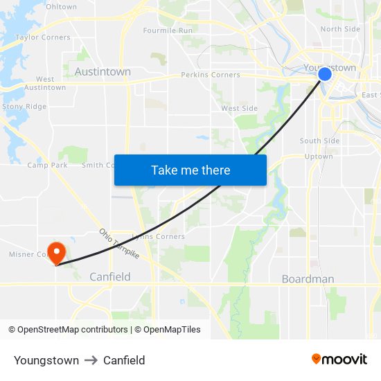 Youngstown to Canfield map