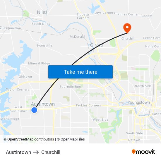 Austintown to Churchill map