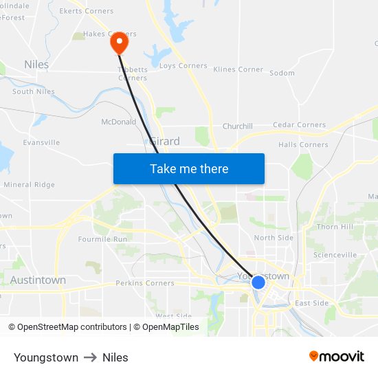 Youngstown to Niles map