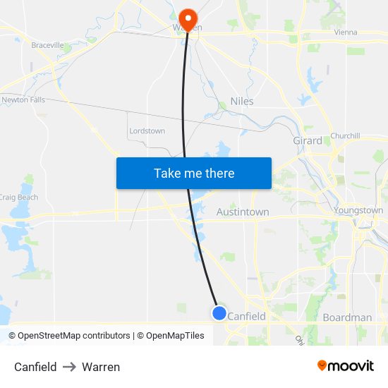 Canfield to Warren map