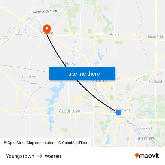 Youngstown to Warren map