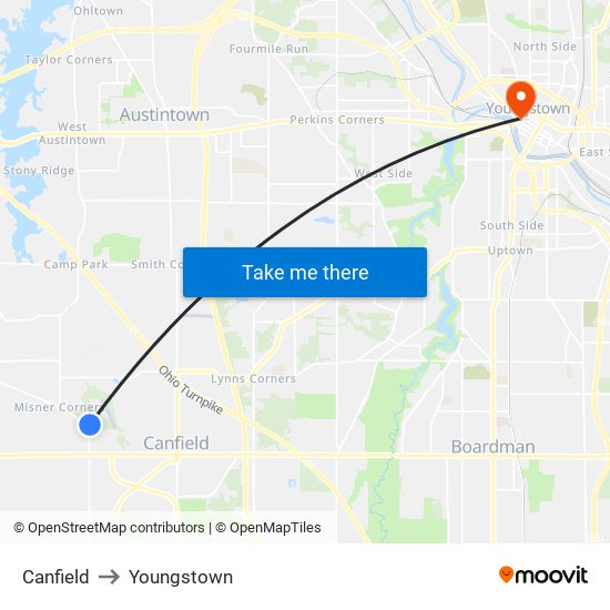 Canfield to Youngstown map