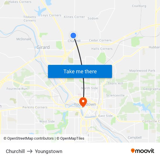 Churchill to Youngstown map