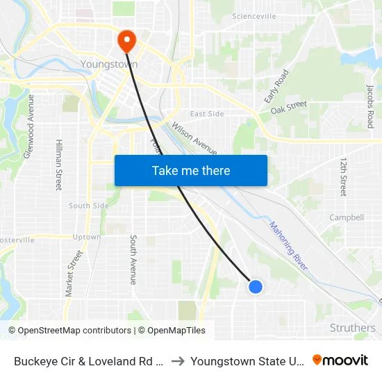 Buckeye Cir & Loveland Rd (Flagstop) to Youngstown State University map
