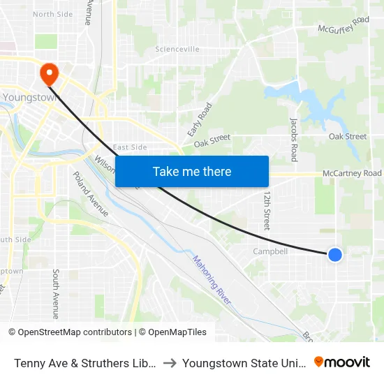 Tenny Ave & Struthers Liberty Rd to Youngstown State University map