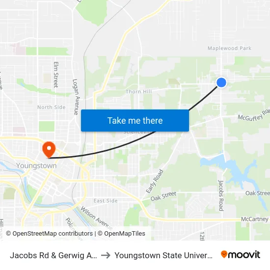 Jacobs Rd & Gerwig Ave to Youngstown State University map