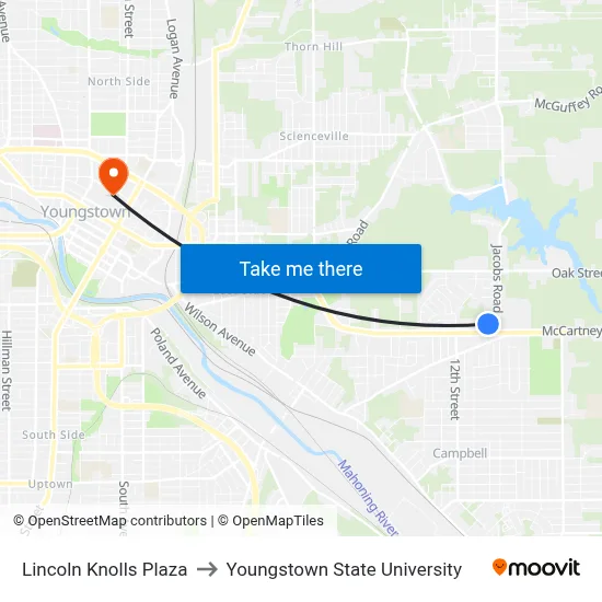 Lincoln Knolls Plaza to Youngstown State University map