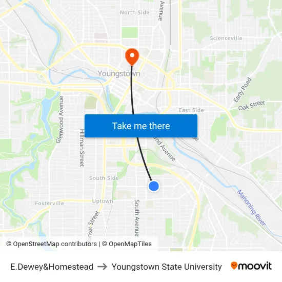 E.Dewey&Homestead to Youngstown State University map