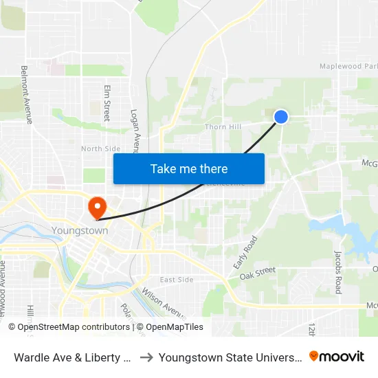 Wardle Ave & Liberty Rd to Youngstown State University map
