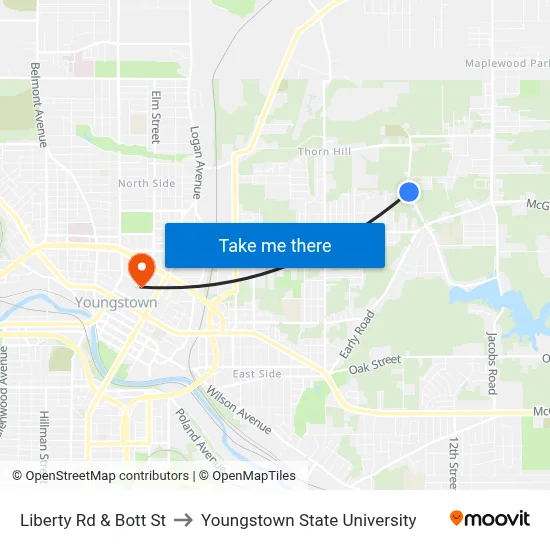Liberty Rd & Bott St to Youngstown State University map