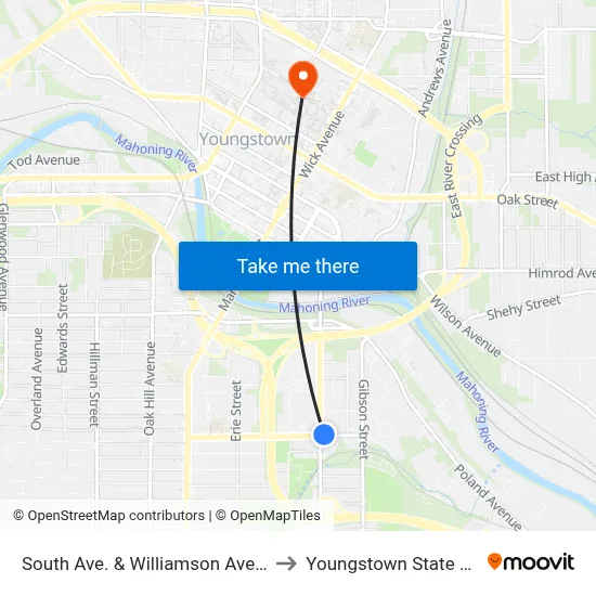 South Ave. & Williamson Ave. (Flag Stop) to Youngstown State University map