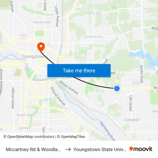 Mccartney Rd & Woodland Ave to Youngstown State University map