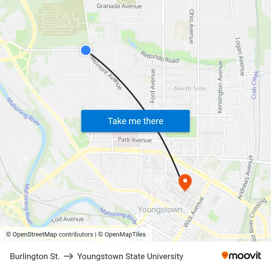 Burlington St. to Youngstown State University map