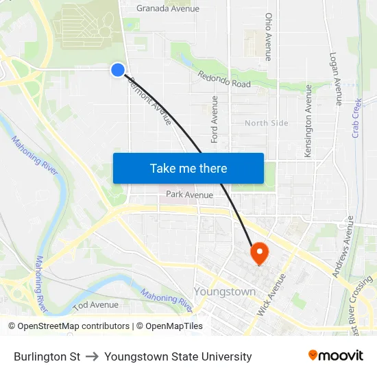 Burlington St to Youngstown State University map