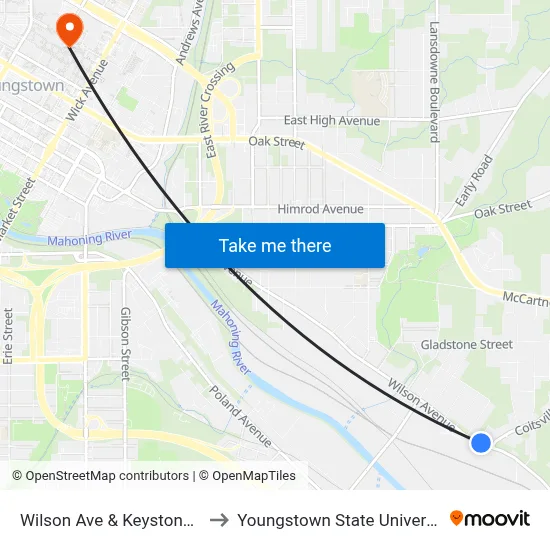 Wilson Ave & Keystone St to Youngstown State University map