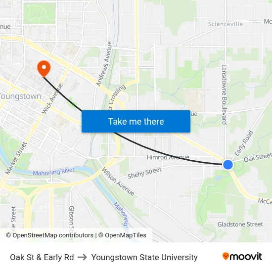 Oak St & Early Rd to Youngstown State University map