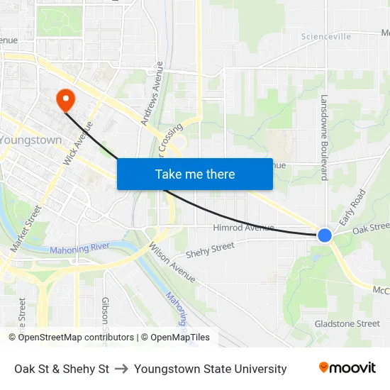 Oak St & Shehy St to Youngstown State University map