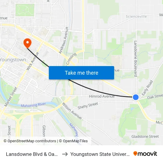 Lansdowne Blvd & Oak St to Youngstown State University map