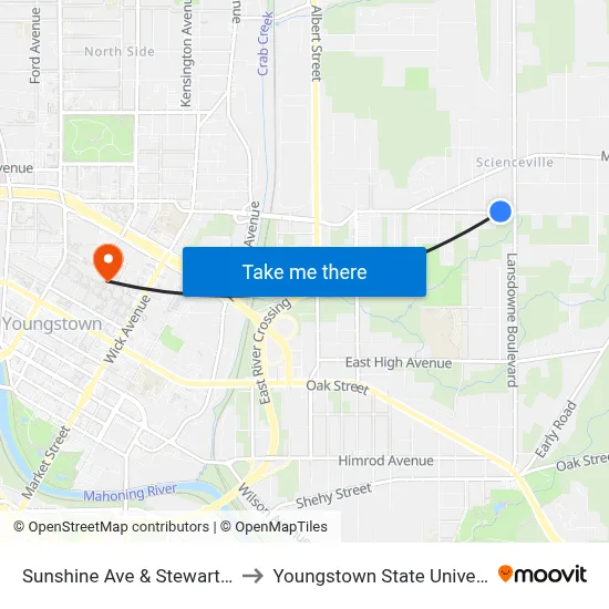 Sunshine Ave & Stewart Ave to Youngstown State University map
