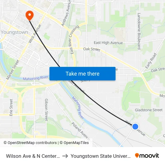 Wilson Ave & N Center St to Youngstown State University map
