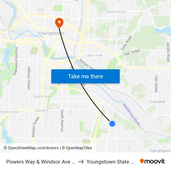 Powers Way & Windsor Ave (Flag Stop) to Youngstown State University map