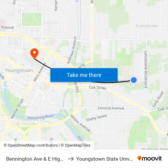 Bennington Ave & E High Ave to Youngstown State University map