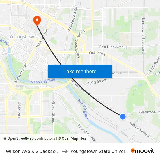 Wilson Ave & S Jackson St to Youngstown State University map
