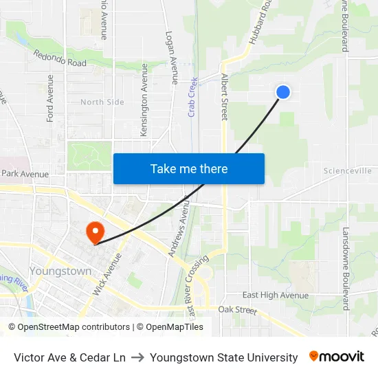 Victor Ave & Cedar Ln to Youngstown State University map