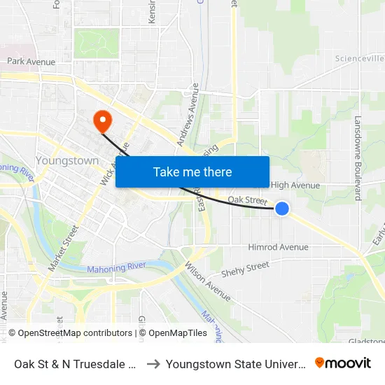 Oak St & N Truesdale Ave to Youngstown State University map