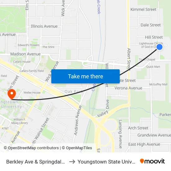 Berkley Ave & Springdale Ave to Youngstown State University map