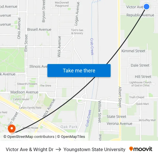 Victor Ave & Wright Dr to Youngstown State University map