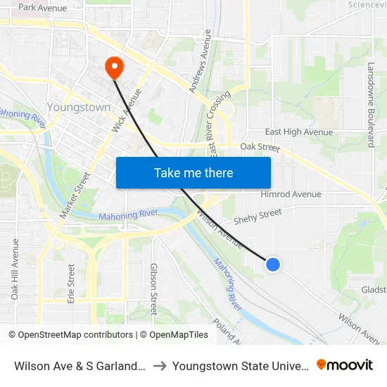 Wilson Ave & S Garland Ave to Youngstown State University map