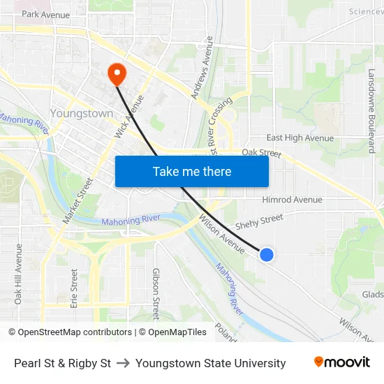 Pearl St & Rigby St to Youngstown State University map
