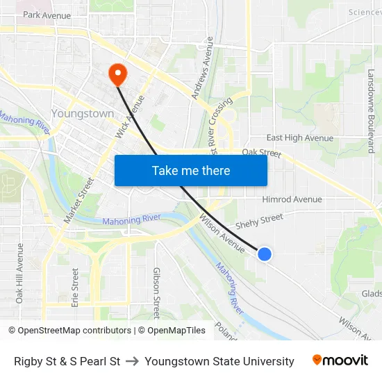 Rigby St & S Pearl St to Youngstown State University map
