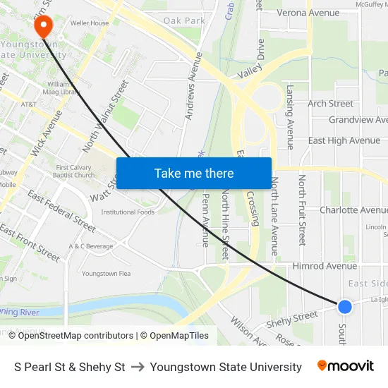 S Pearl St & Shehy St to Youngstown State University map