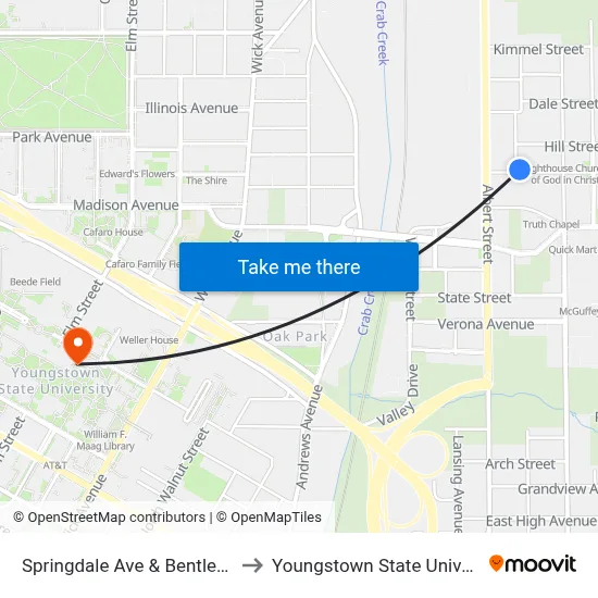 Springdale Ave & Bentley Ave to Youngstown State University map