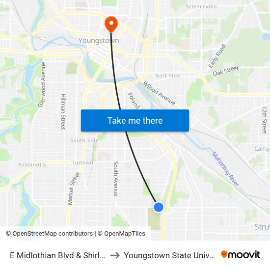 E Midlothian Blvd & Shirley Rd to Youngstown State University map