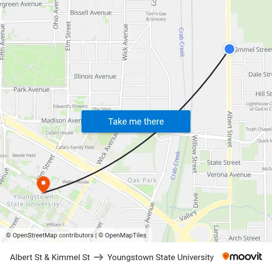 Albert St & Kimmel St to Youngstown State University map