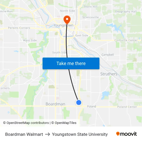 Boardman Walmart to Youngstown State University map