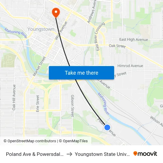Poland Ave & Powersdale Ave to Youngstown State University map